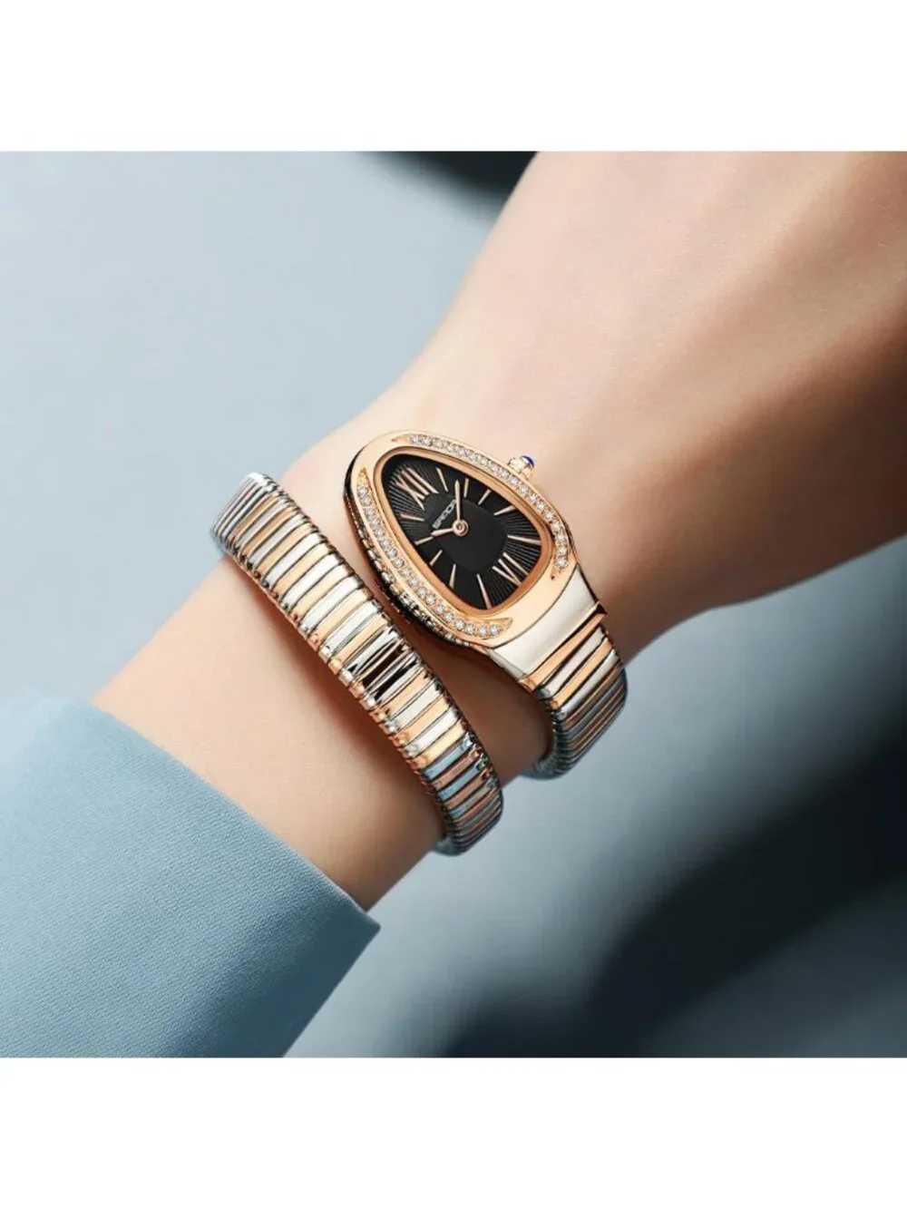 Women's Rose Silver Black Elegant Wrap Around Bangle Fashion Snake Cuff Watch